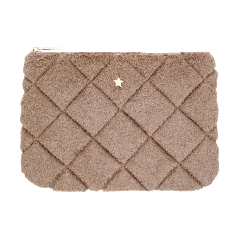 FAUX FUR QUILTED SMALL POUCH WARM TAUPE