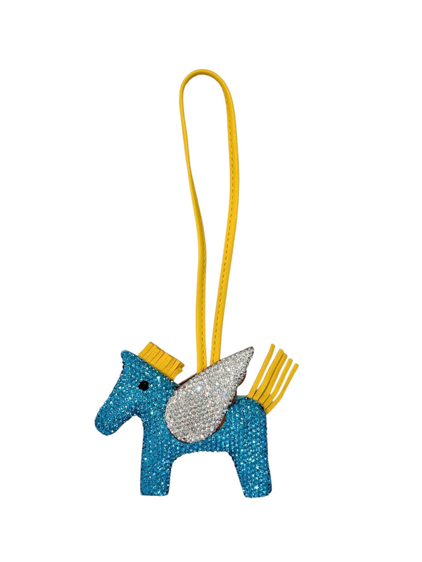 FULL BLING PONY BAG CHARM BLUE W/SILVER & YELLOW