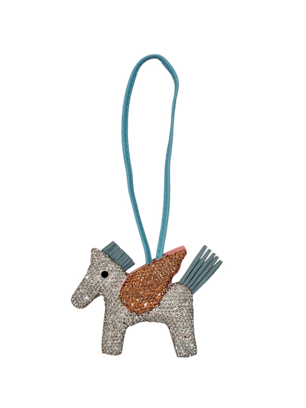 FULL BLING PONY BAG CHARM SILVER W/BROWN & BLUE