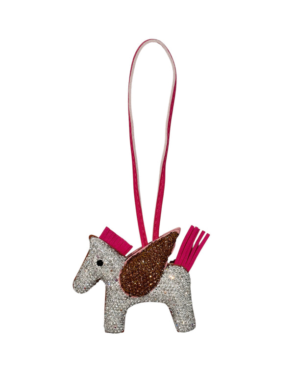 FULL BLING PONY BAG CHARM SILVER W/BROWN & PINK