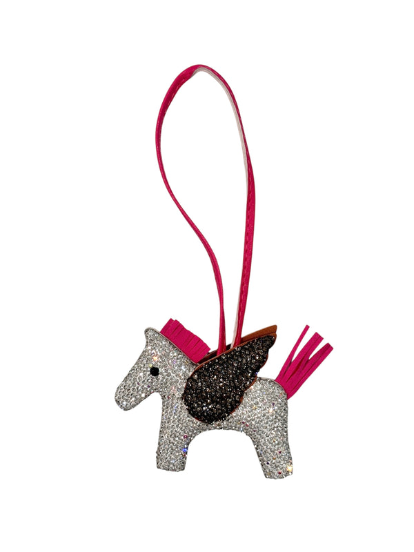 FULL BLING PONY BAG CHARM SILVER W/GREY & PINK