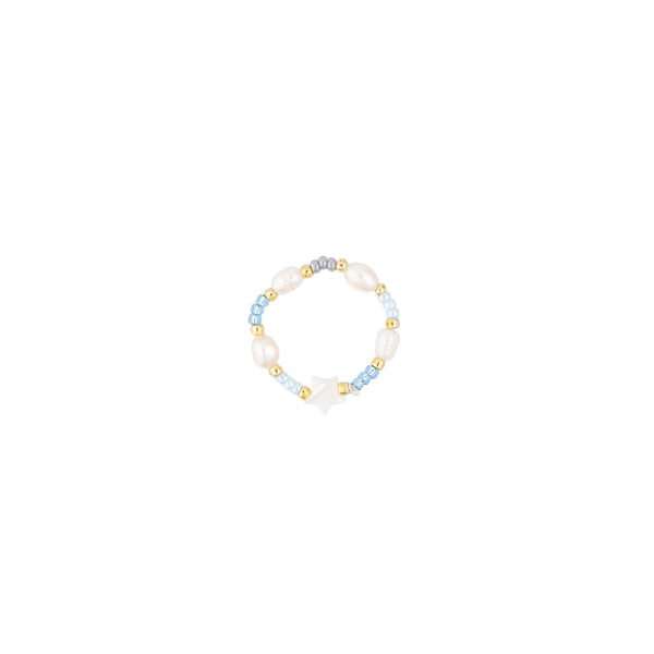 GLASS BEAD RING W/MOP STAR & PEARLS LIGHT BLUE