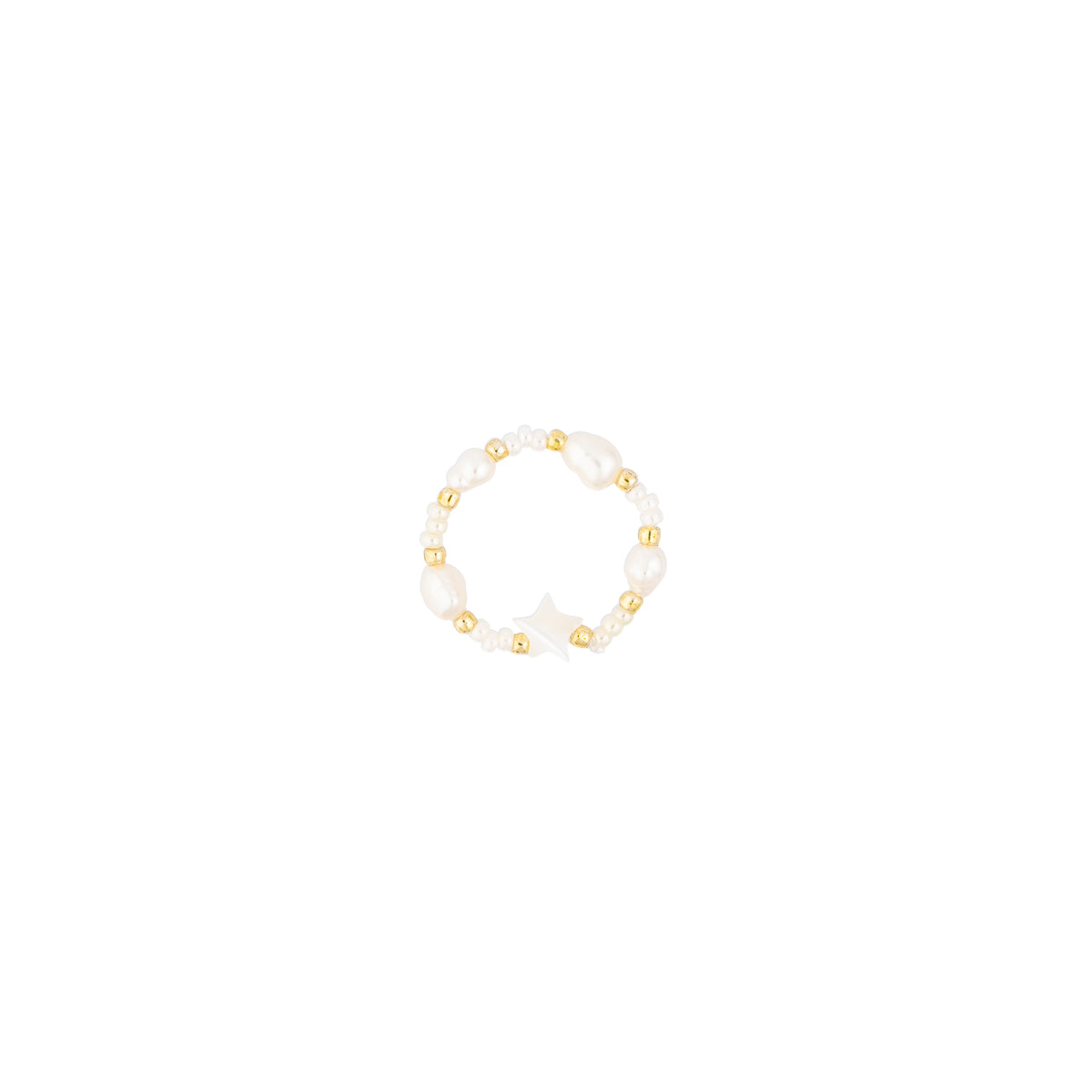 GLASS BEAD RING W/MOP STAR & PEARLS OFF WHITE