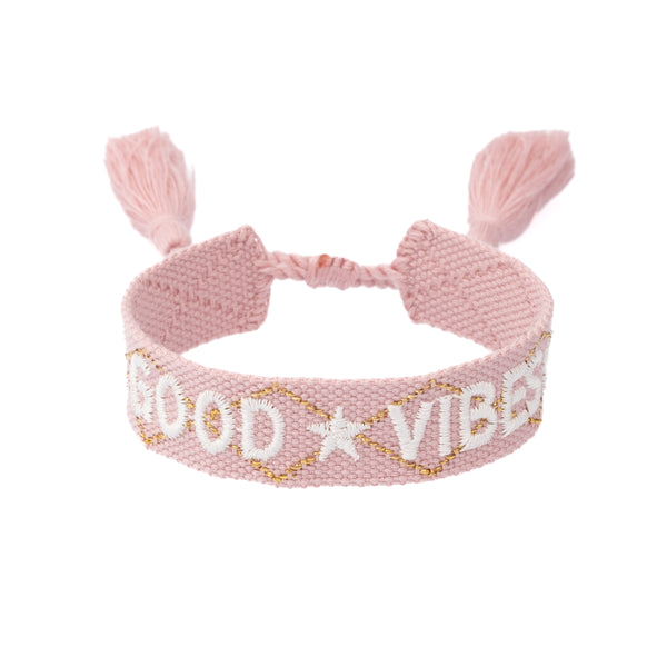 WOVEN FRIENDSHIP BRACELET "Good Vibes" Light Rose W/Gold