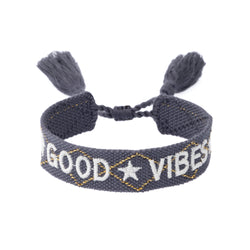 WOVEN FRIENDSHIP BRACELET "Good Vibes" Steel Blue W/Gold