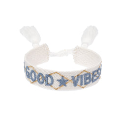 WOVEN FRIENDSHIP BRACELET "Good Vibes" White W/Light Blue & Gold