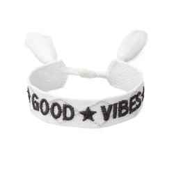 WOVEN FRIENDSHIP BRACELET "Good Vibes" White W/Steel Blue & Silver