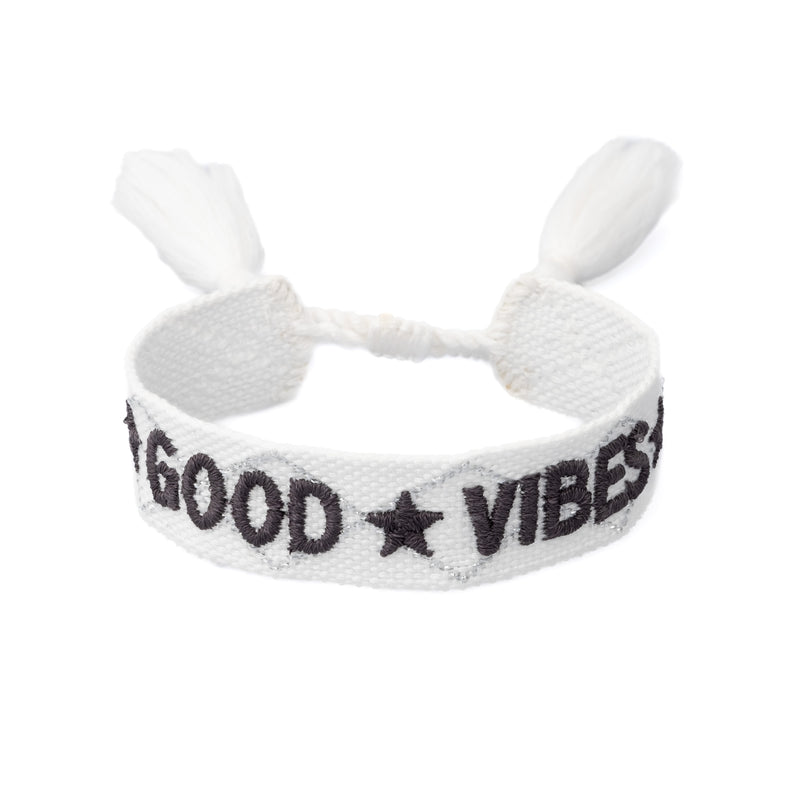 WOVEN FRIENDSHIP BRACELET "Good Vibes" White W/Steel Blue & Silver