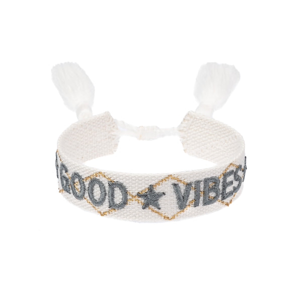 WOVEN FRIENDSHIP BRACELET "Good Vibes" White W/Teal & Gold