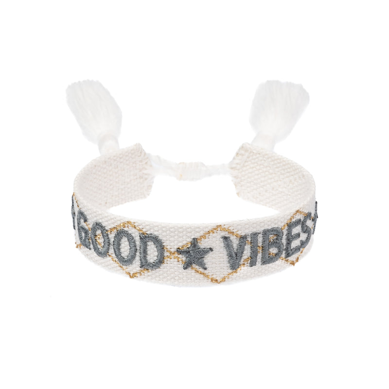 WOVEN FRIENDSHIP BRACELET "Good Vibes" White W/Teal & Gold