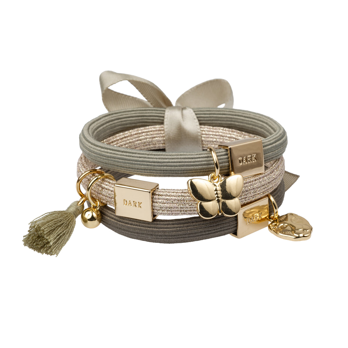 HAIR TIES 3 PK CHARM COMBO MILIEU GREENS W/GOLD