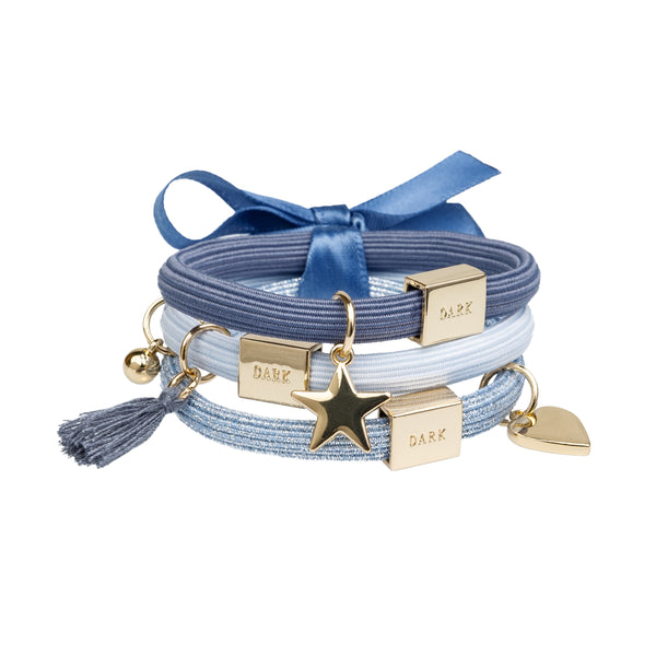 HAIR TIES 3 PK CHARM COMBO STEEL BLUE W/GOLD