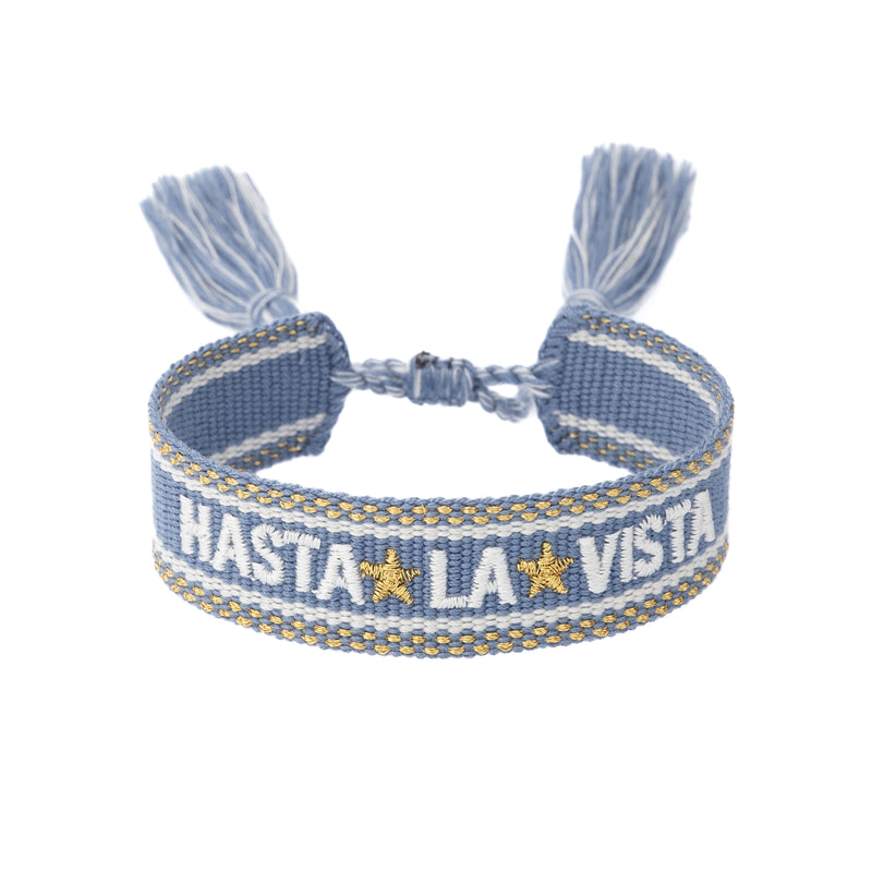 WOVEN FRIENDSHIP BRACELET "Hasta La Vista" Light Blue W/Gold