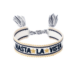 WOVEN FRIENDSHIP BRACELET "Hasta La Vista" White W/Navy Blue & Gold