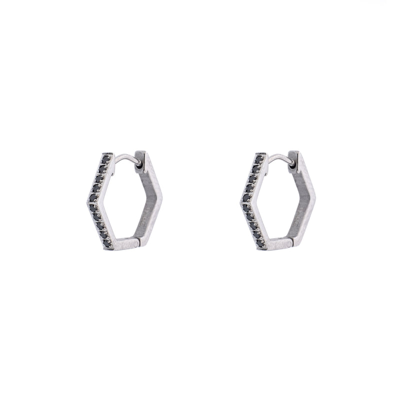 HEXAGON CRYSTAL HOOPS SILVER W/BLACK