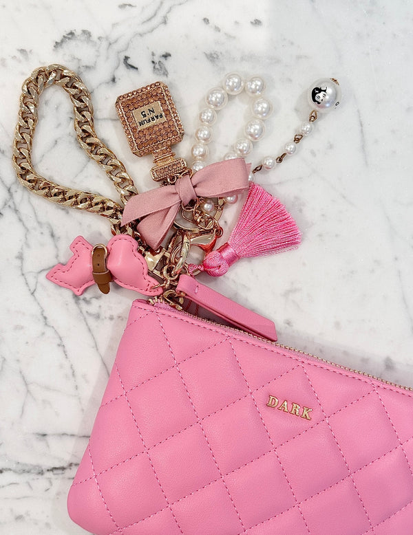 PERFUME & PEARL BAG CHARM W/ROSE BOW