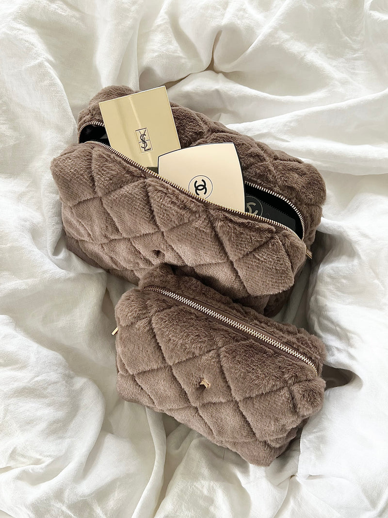FAUX FUR QUILTED MAKE-UP POUCH SMALL WARM TAUPE