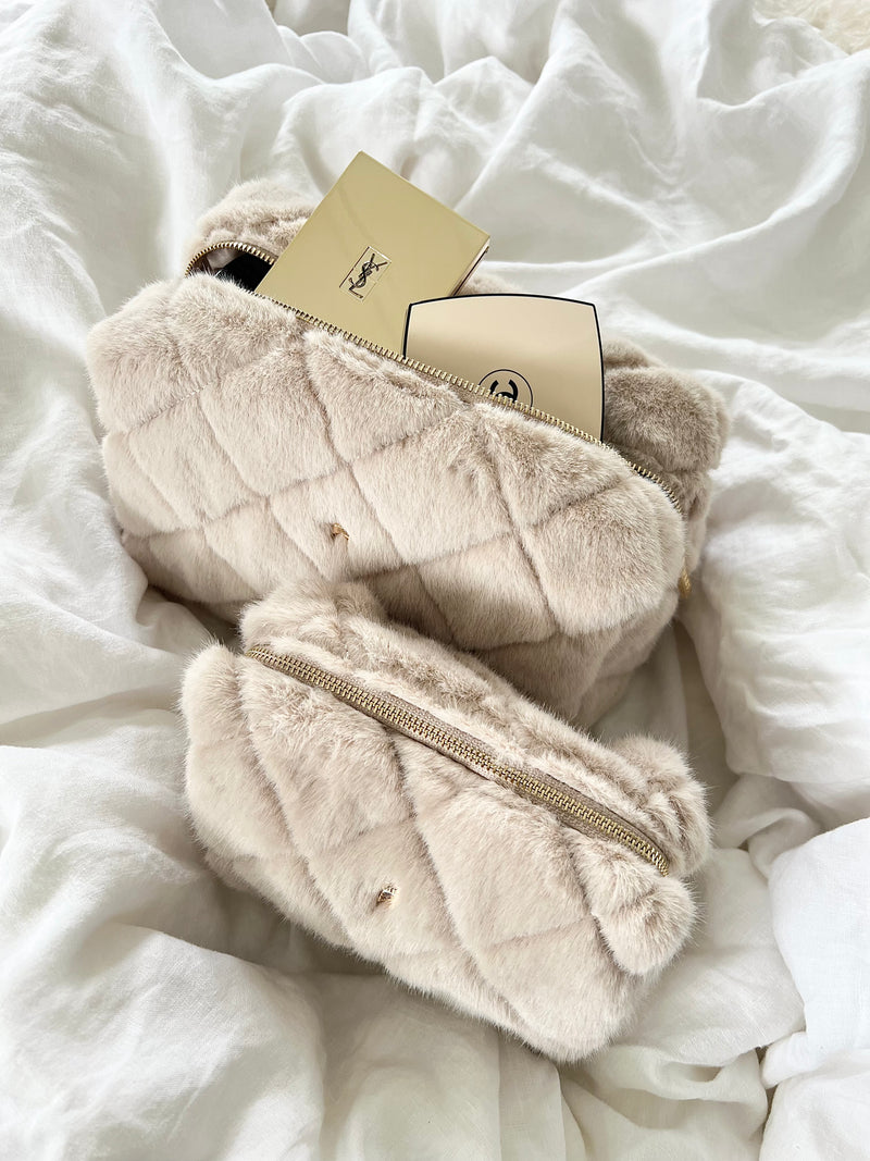 FAUX FUR QUILTED MAKE-UP POUCH SMALL SAND