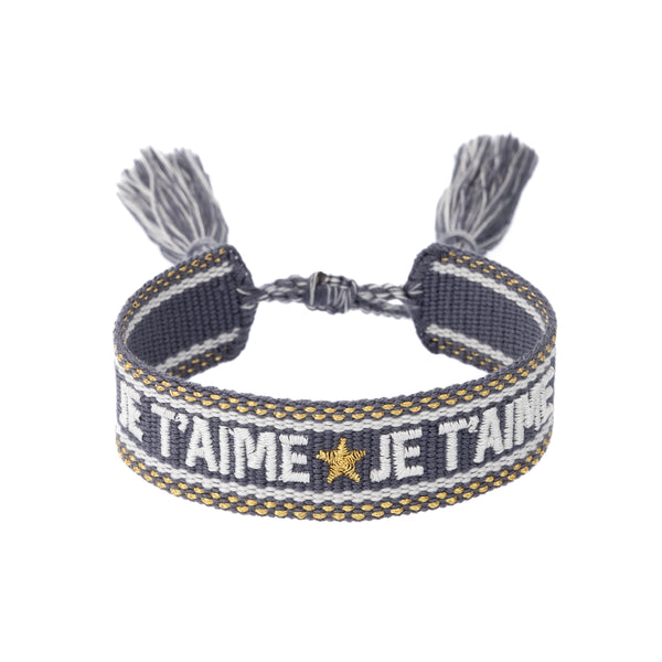 WOVEN FRIENDSHIP BRACELET "Je T'aime" Steel Blue W/Gold