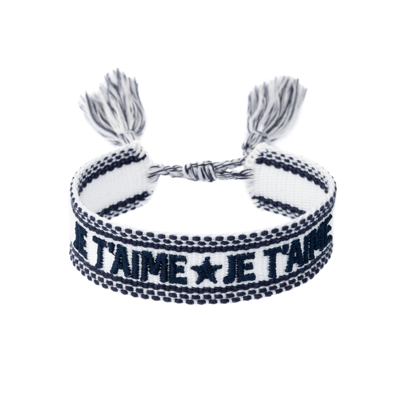 WOVEN FRIENDSHIP BRACELET "Je T'aime" White W/Navy Blue