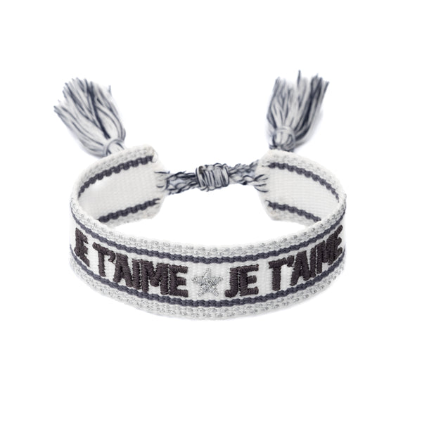 WOVEN FRIENDSHIP BRACELET "Je T'aime" White W/Steel Blue & Silver