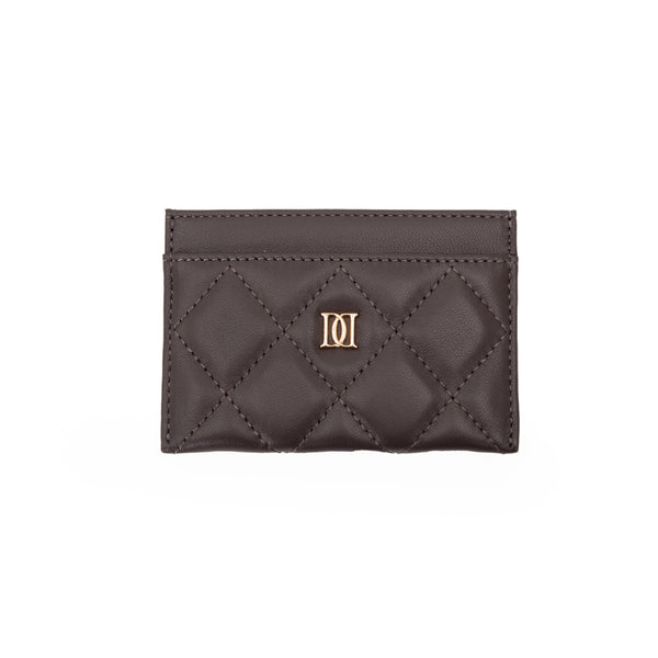 LEATHER QUILTED CARD HOLDER CHOCOLATE BROWN