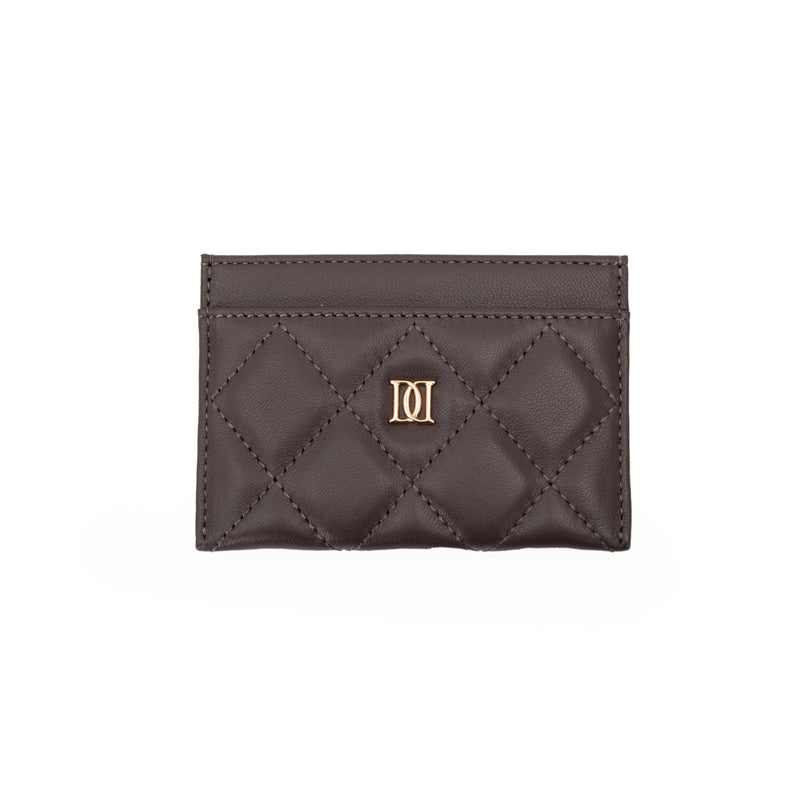 LEATHER QUILTED CARD HOLDER CHOCOLATE BROWN