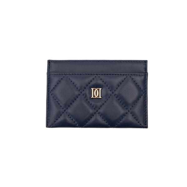 LEATHER QUILTED CARD HOLDER NAVY BLUE