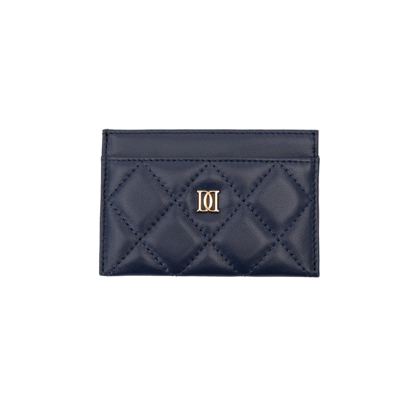LEATHER QUILTED CARD HOLDER NAVY BLUE