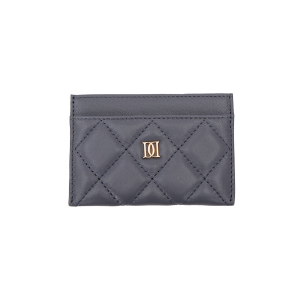 LEATHER QUILTED CARD HOLDER STEEL BLUE