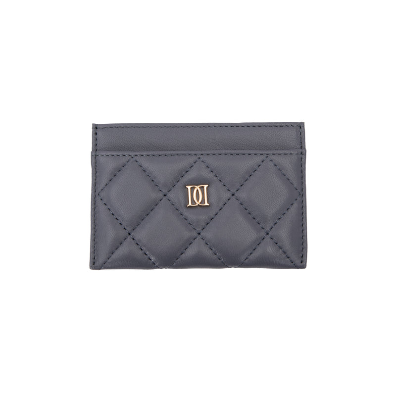 LEATHER QUILTED CARD HOLDER STEEL BLUE
