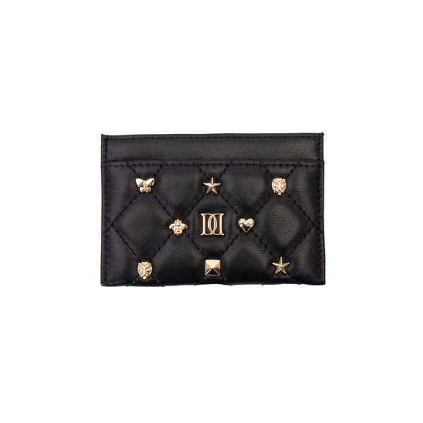 LEATHER QUILTED CARD HOLDER W/SIGN STUDS BLACK