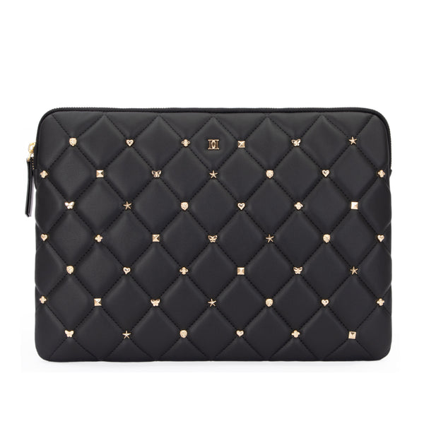 LEATHER QUILTED MAC COVER W/SIGN STUDS BLACK