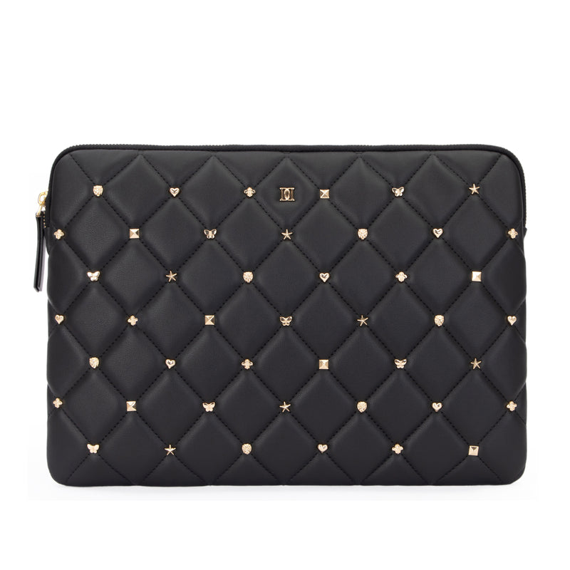 LEATHER QUILTED MAC COVER W/SIGN STUDS BLACK