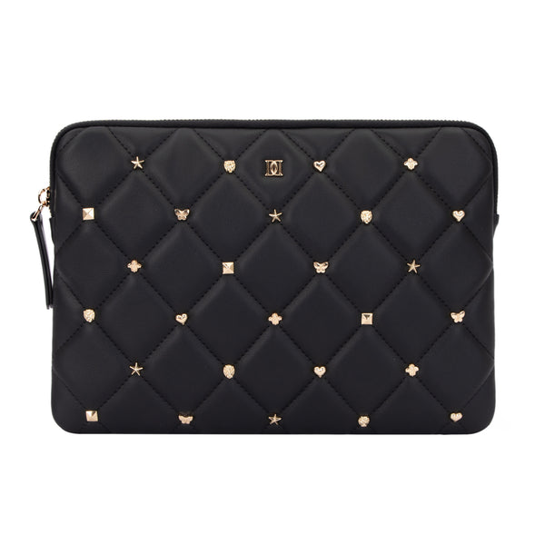 LEATHER QUILTED MEDIUM POUCH W/SIGN STUDS BLACK