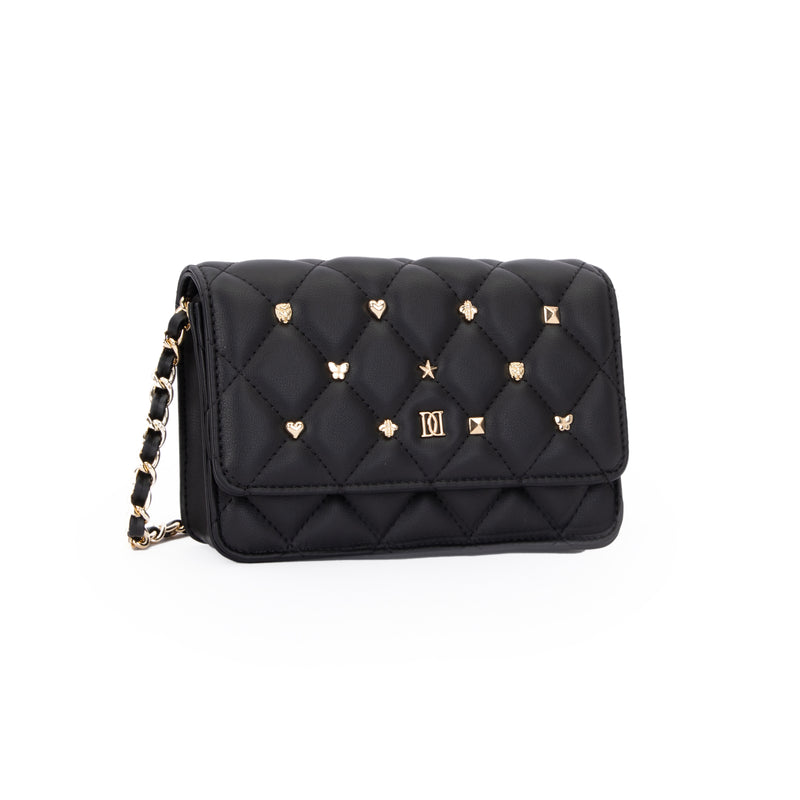 LEATHER QUILTED MINI BAG W/SIGN STUDS BLACK
