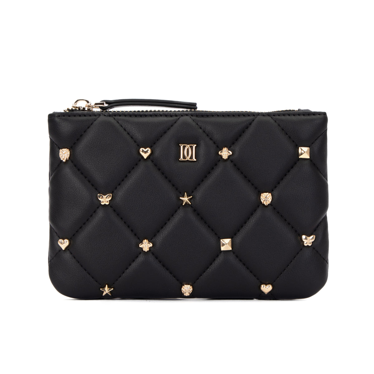 LEATHER QUILTED SMALL POUCH W/SIGN STUDS BLACK
