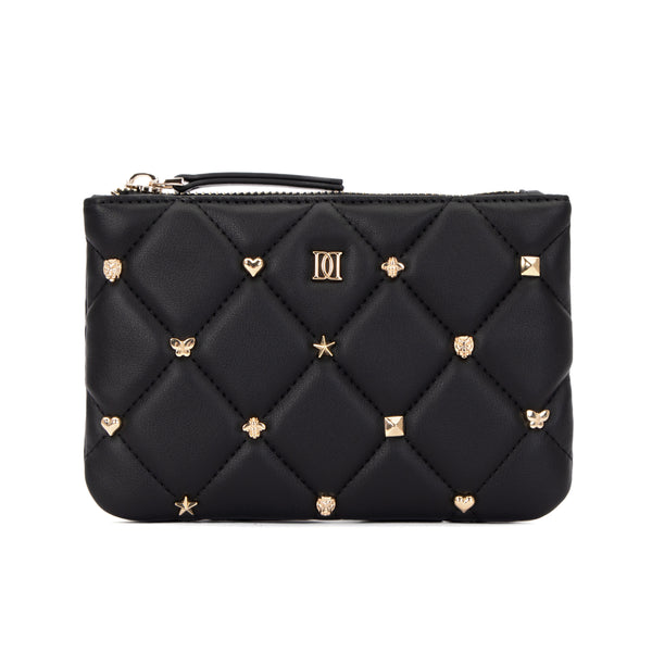 LEATHER QUILTED SMALL POUCH W/SIGN STUDS BLACK