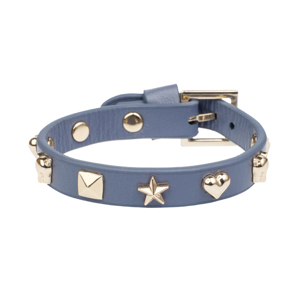 LEATHER SIGN STUD BRACELET STEEL BLUE