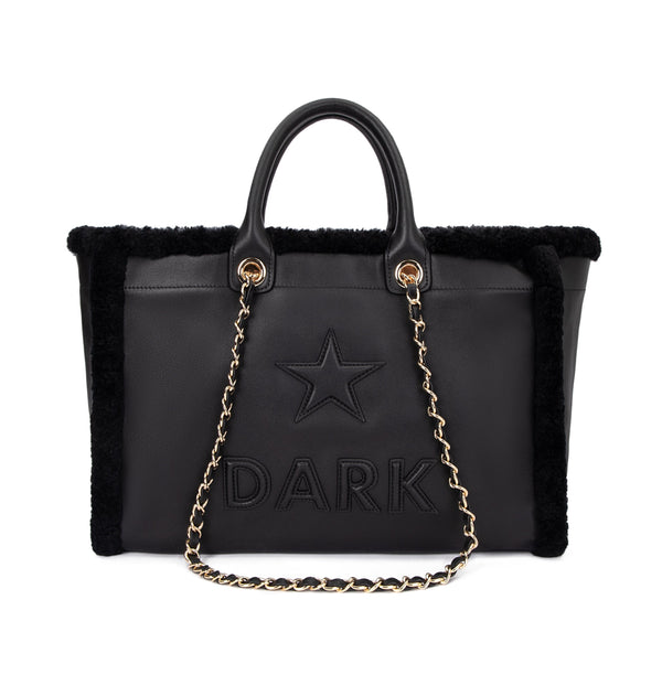 LEATHER TOTE BAG W/SHEARLING BLACK