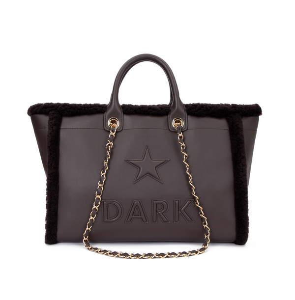 LEATHER TOTE BAG W/SHEARLING CHOCOLATE BROWN