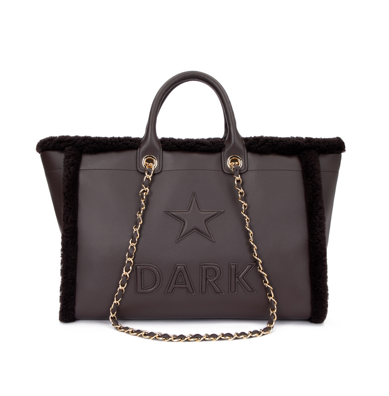 LEATHER TOTE BAG W/SHEARLING CHOCOLATE BROWN