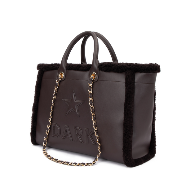 LEATHER TOTE BAG W/SHEARLING CHOCOLATE BROWN