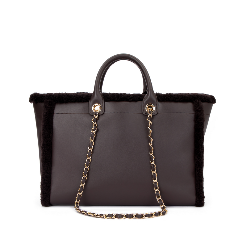 LEATHER TOTE BAG W/SHEARLING CHOCOLATE BROWN