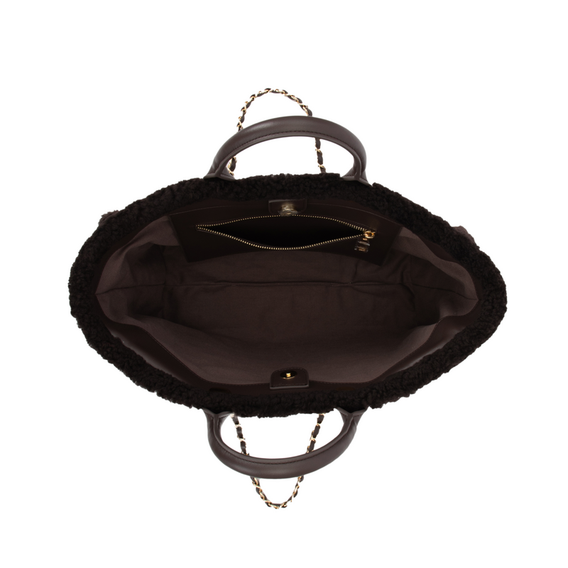 LEATHER TOTE BAG W/SHEARLING CHOCOLATE BROWN