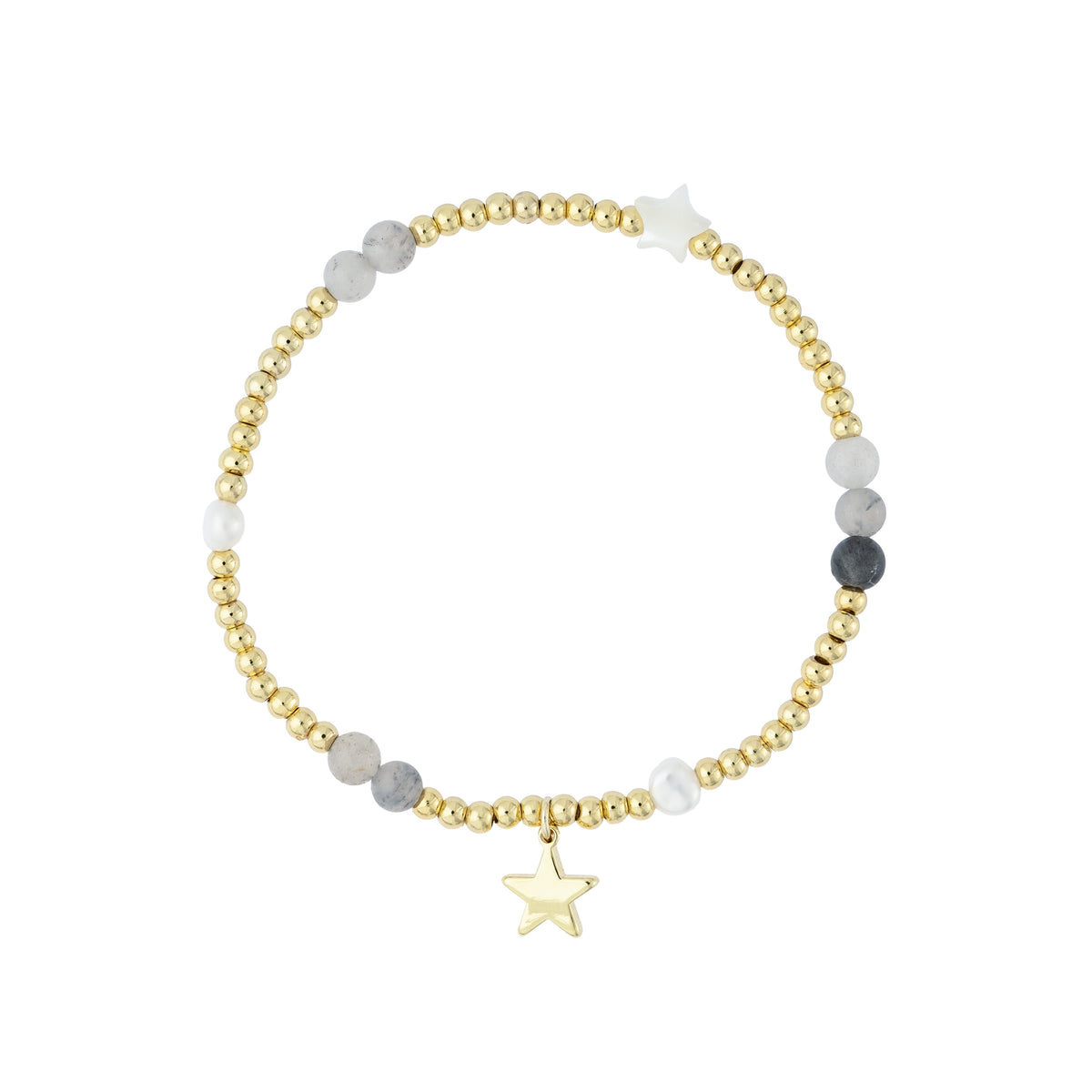 STONE BEAD BRACELET W/MOP STAR & PEARLS COOL GREY