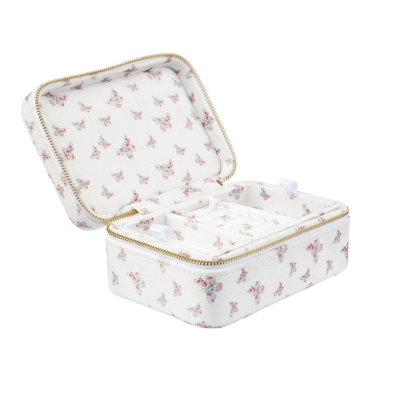 VELVET JEWELLERY BOX OFF WHITE BUTTERFLY PATTERN