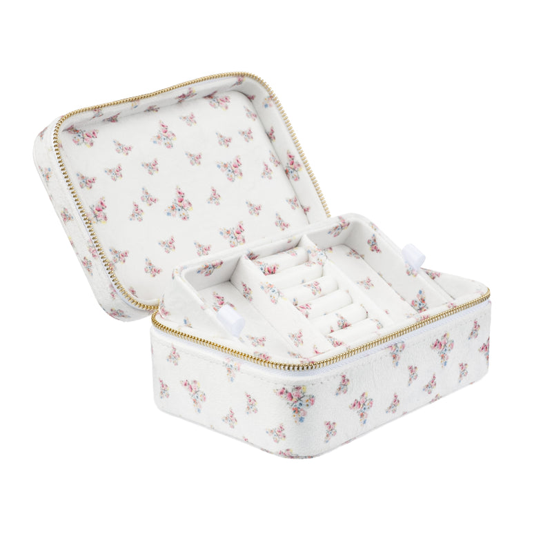 VELVET JEWELLERY BOX OFF WHITE BUTTERFLY PATTERN