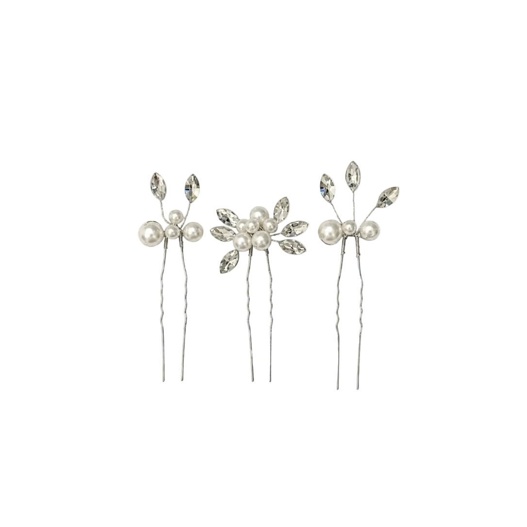 PEARL & CRYSTAL FLORAL HAIR PINS 3 PK
