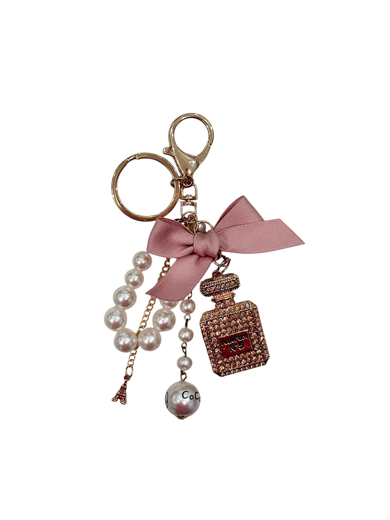 PERFUME & PEARL BAG CHARM W/ROSE BOW